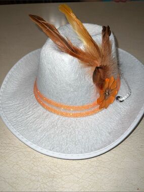 Handmade greyish/White Felt Feather Accent Hat with Orange Trim